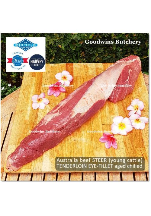 Beef Tenderloin Australia STEER young-cattle HARVEY aged by Goodwins whole cut +/-2.3kg price/kg FROZEN AVAILABLE (eye fillet mignon daging sapi has dalam)